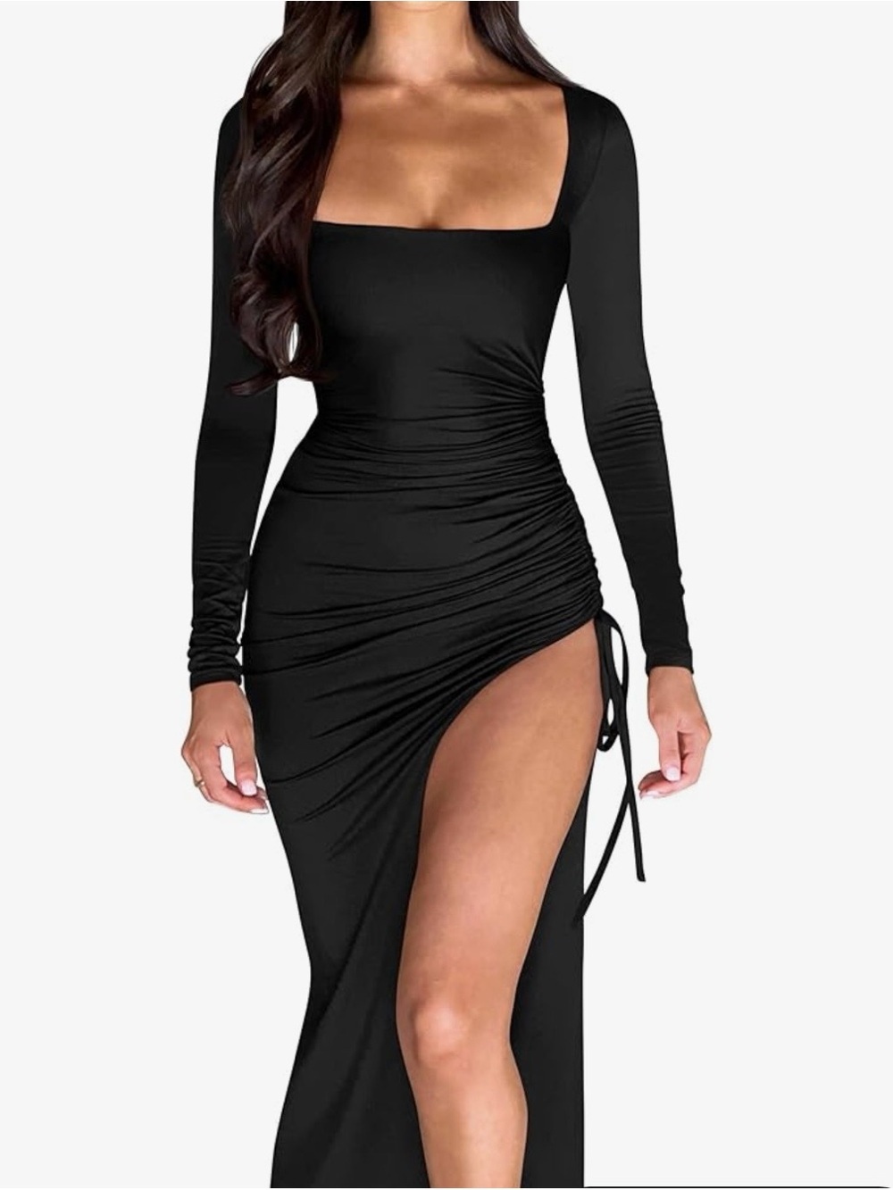 Black Long-Sleeve Square Neck Ruched High-Slit Maxi Dress